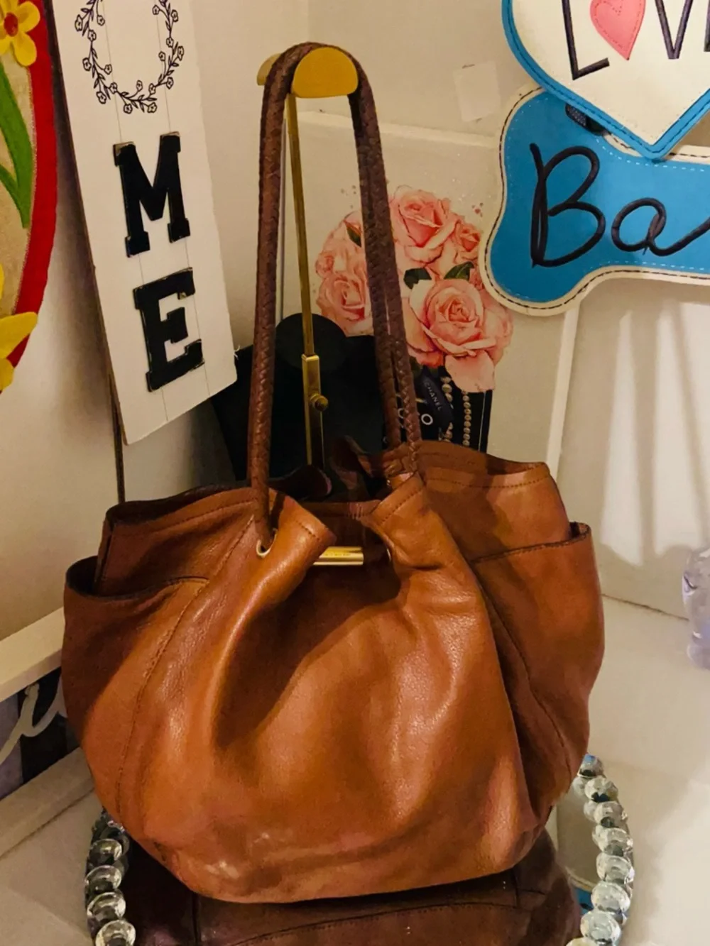 ANTONIO MELANI Tan Leather Tote with Braided Handles - Picture 4 of 10